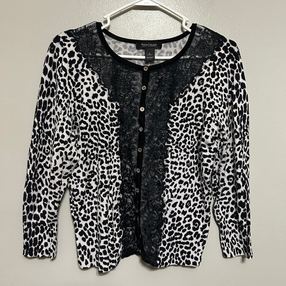 White House Black Market Cardigan Women L White Black Leopard Lace Coquette Chic